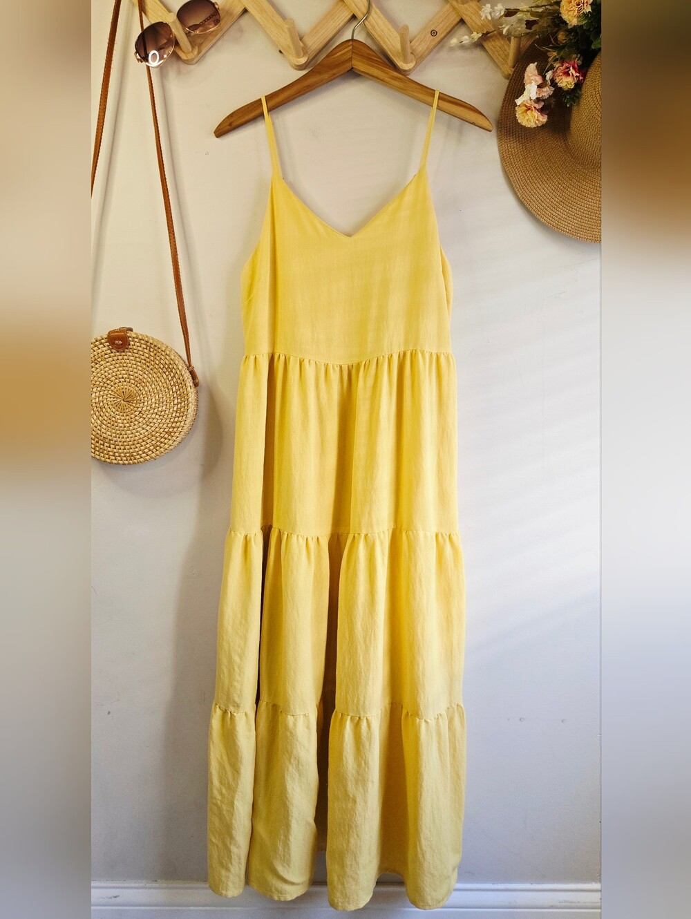 Moon River Yellow Tiered Midi Dress with Spaghetti Straps